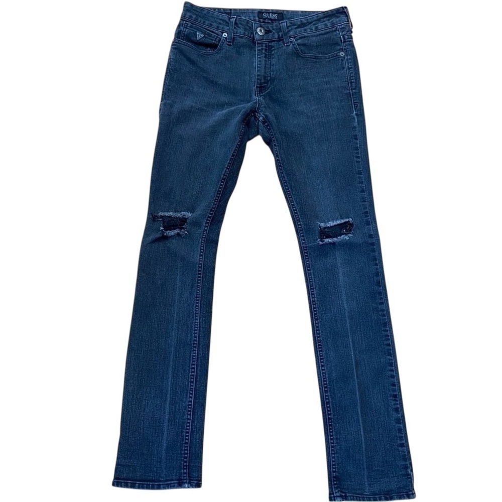 GUESS mens black skinny jeans ripped knees faded size 31 stretchy Denim
